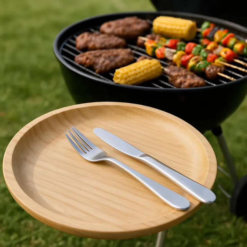 Reusable bamboo plate and stainless steel cutlery set at a BBQ