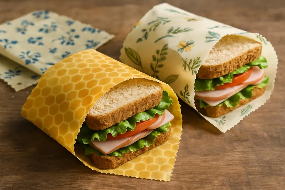 Reusable beeswax wraps with sandwiches