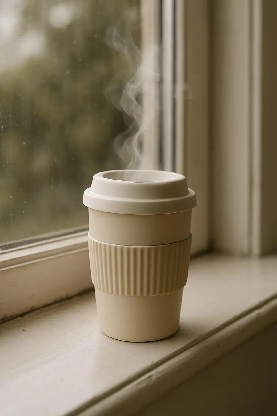 Reusable coffee cup steaming on a windowsill