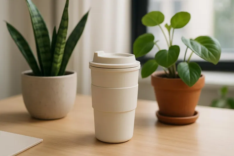 Reusable coffee mug and plants on desk