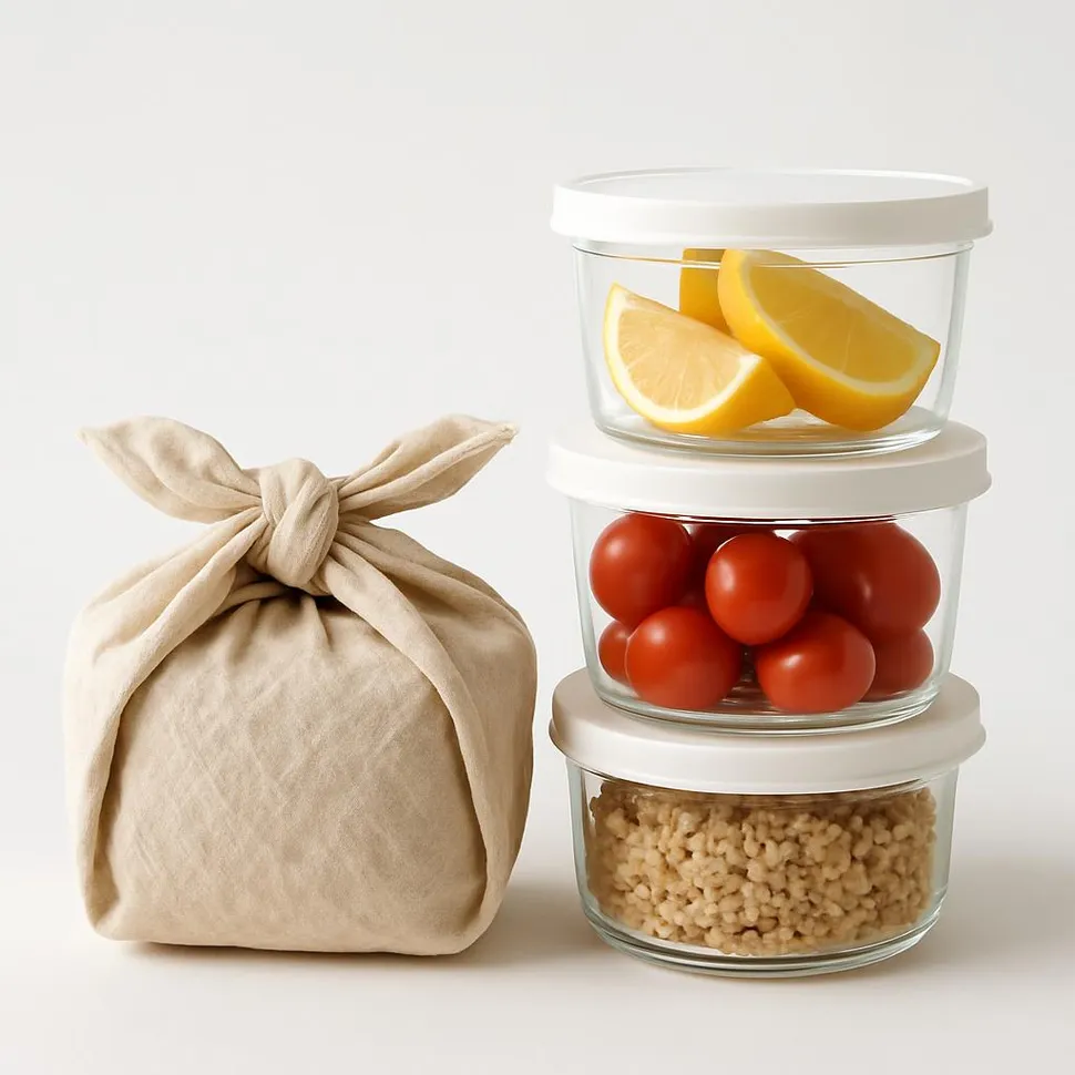 Reusable food storage with cloth wrap and containers on a white background