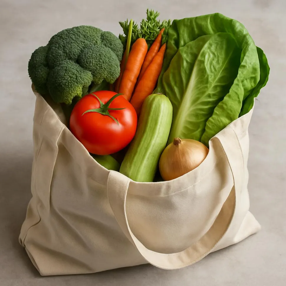 Reusable grocery tote with vegetables