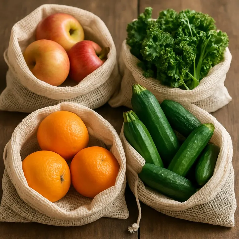 Reusable produce bags with fruits and vegetables
