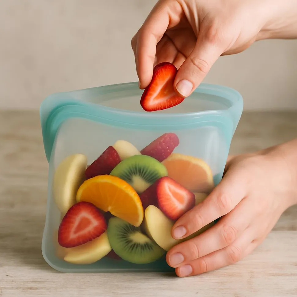 Reusable silicone bag being filled with sliced fruit