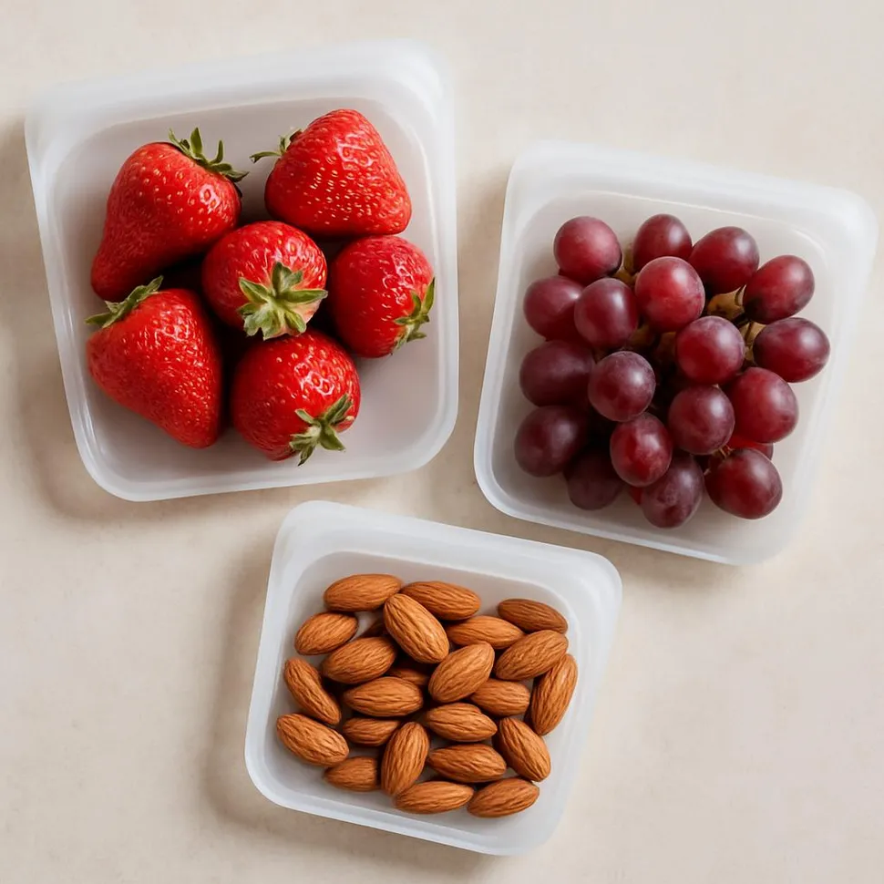 Reusable silicone snack bags with fruits and nuts