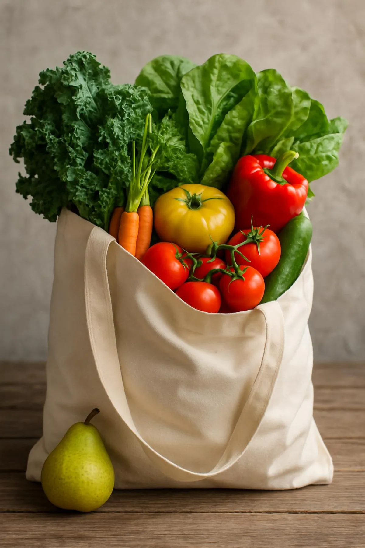 Reusable tote filled with farmers market produce and leafy greens