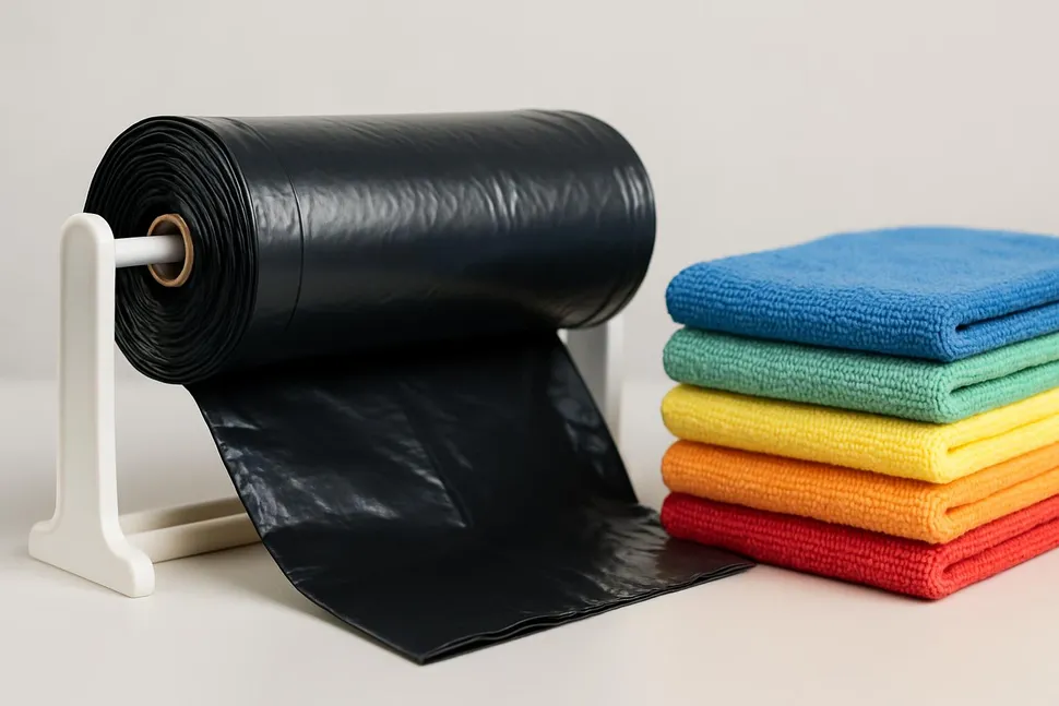 Roll of trash bags stored on a dispenser and microfiber cloths stacked neatly