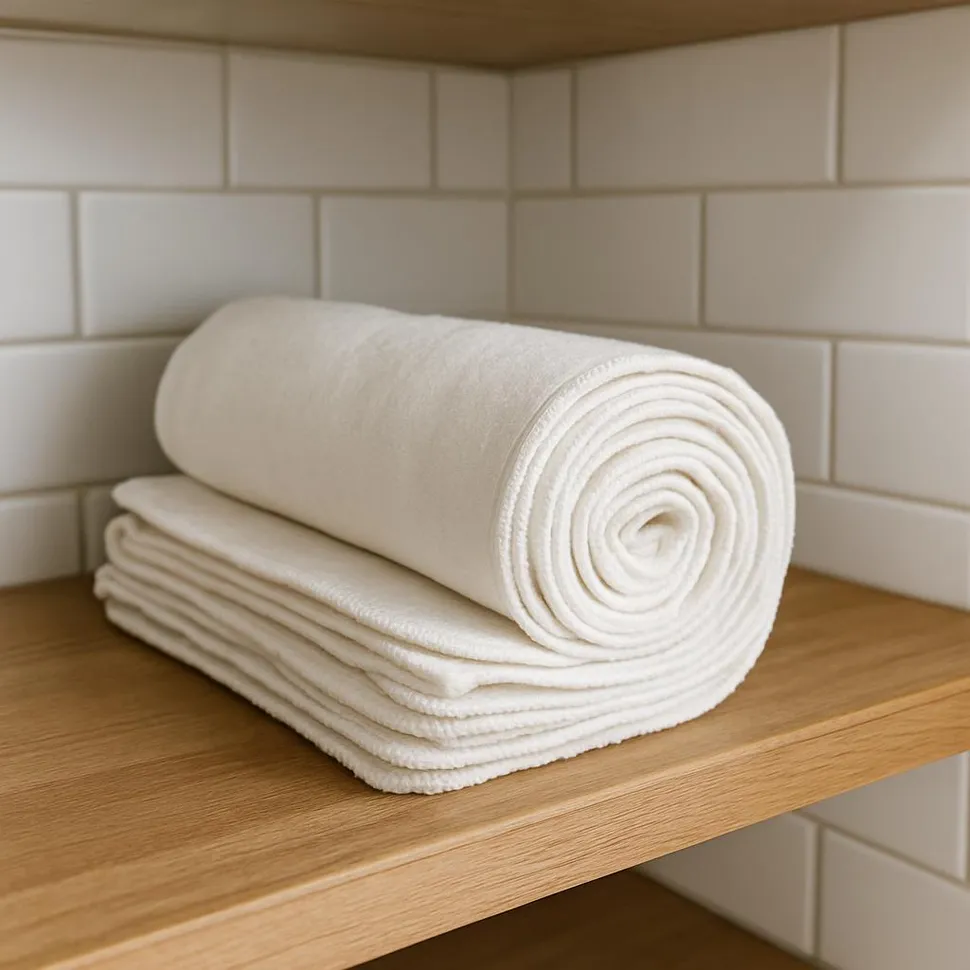 Rolled cotton unpaper towels on a kitchen shelf