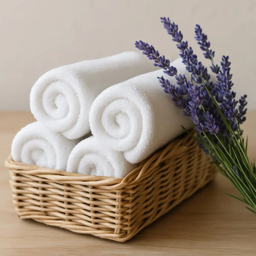 Rolled hand towels in a basket with lavender
