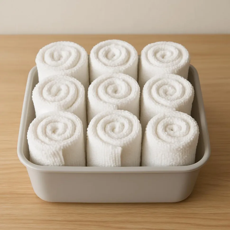 Rolled washcloths arranged upright in a shallow bin