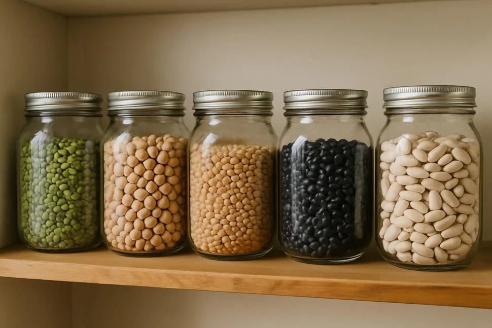 Row of mason jars with legumes in a pantry