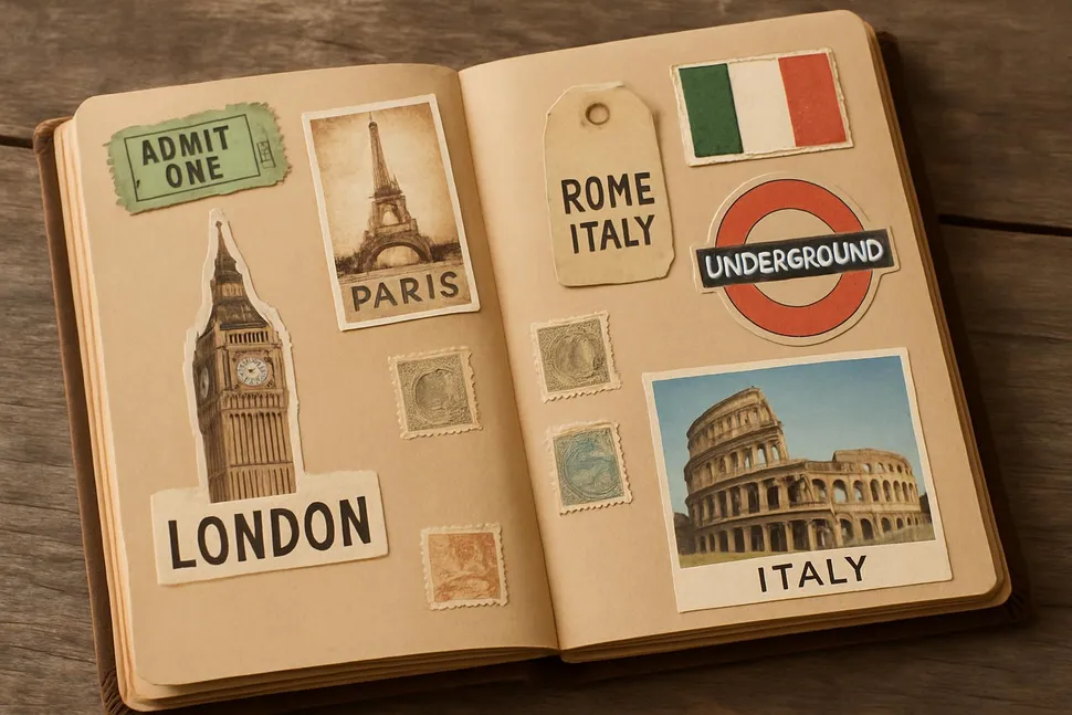 Scrapbook with cut-out souvenirs
