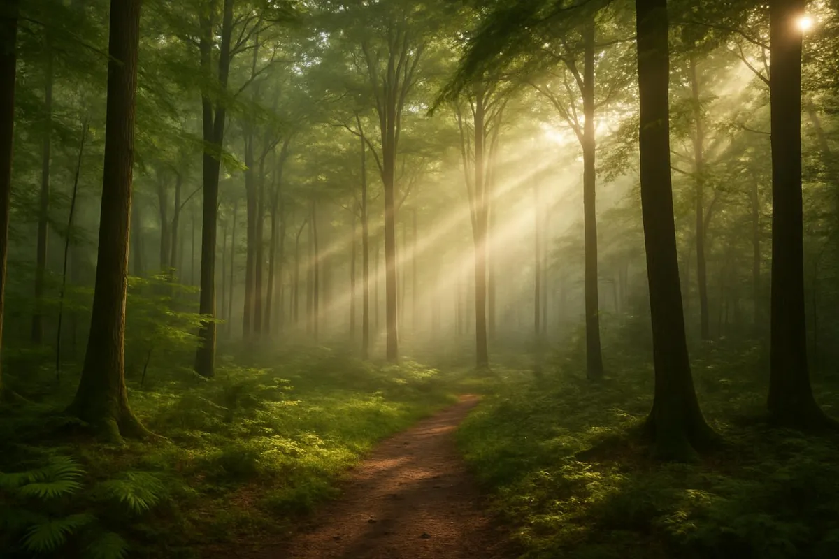 Serene forest with soft light through trees, evoking nature sounds