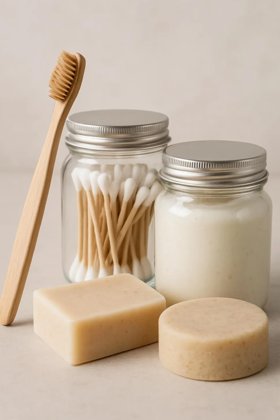 Set of reusable bathroom products including bamboo toothbrush, glass jars, and shampoo bars