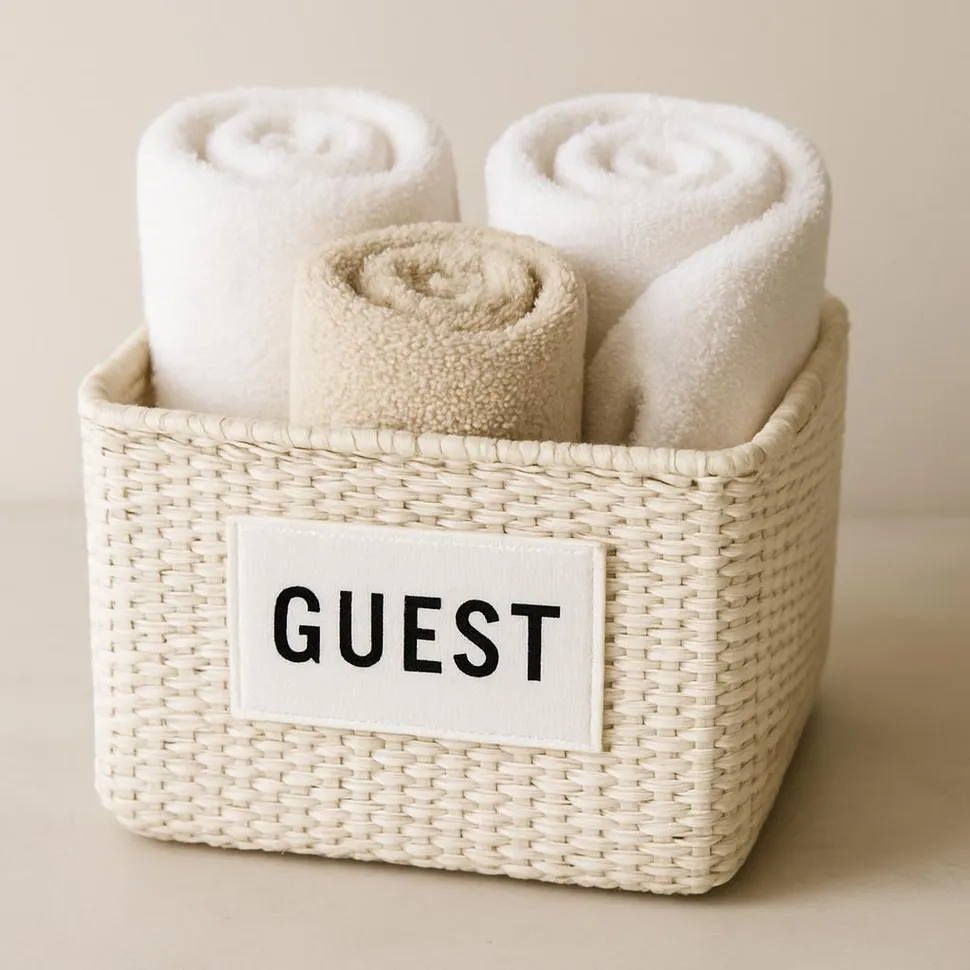 Set of towels in a bin labeled Guest
