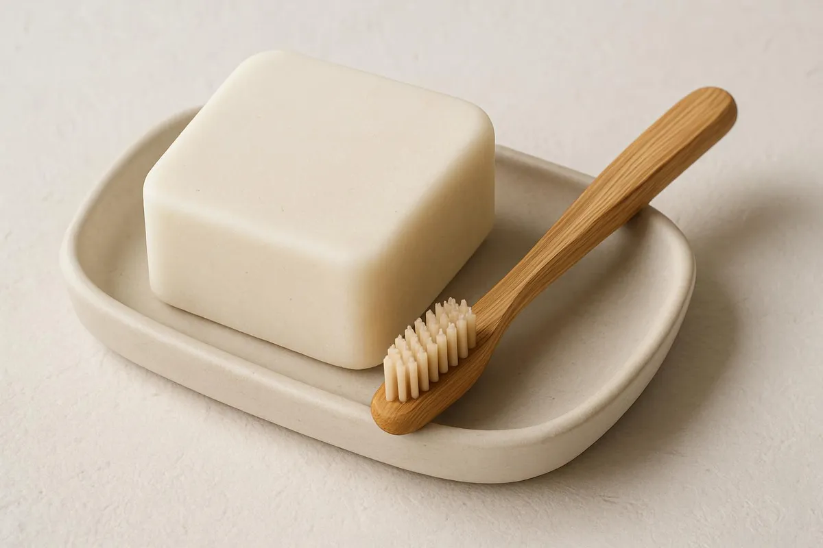Shampoo bar and bamboo toothbrush on a soap dish