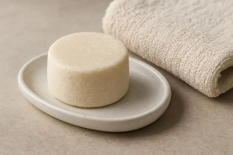 Shampoo bar on a ceramic soap dish next to a towel