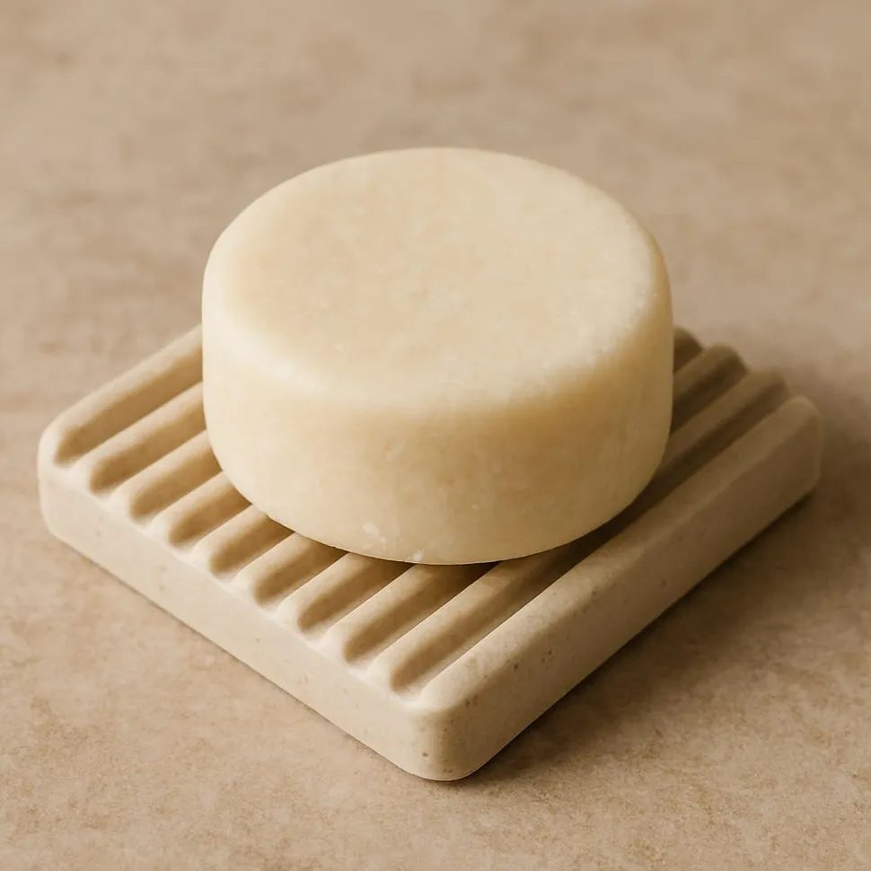 Shampoo bar on a ribbed soap saver dish