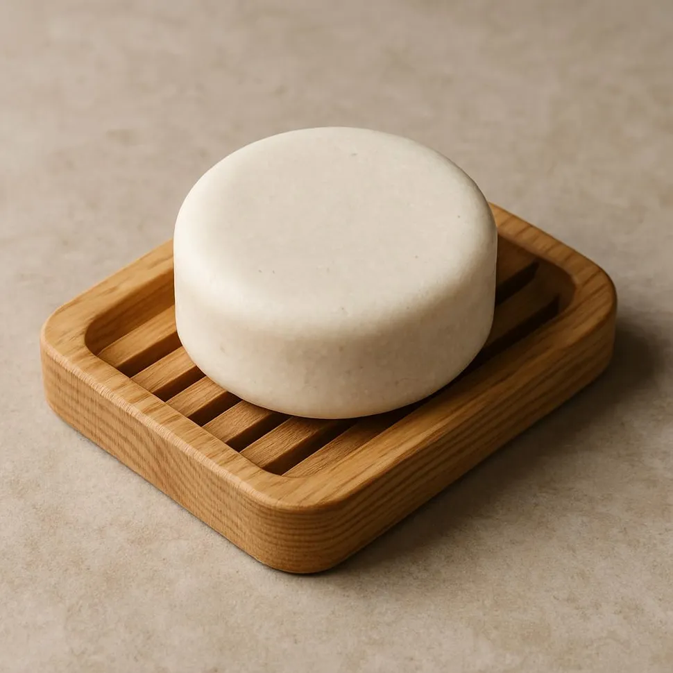 Shampoo bar on a wooden soap tray