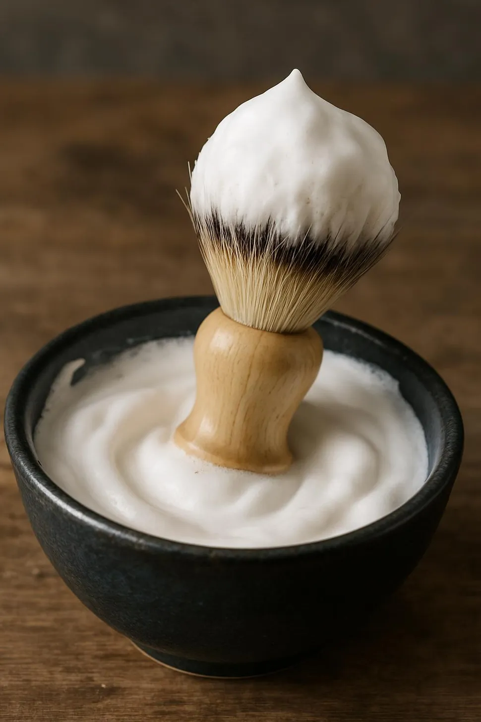 Shaving brush with lathered soap in a bowl