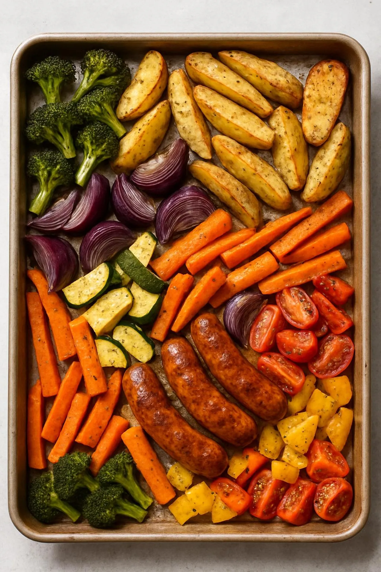 Sheet pan dinner with roasted vegetables—a delicious use-up meal idea.