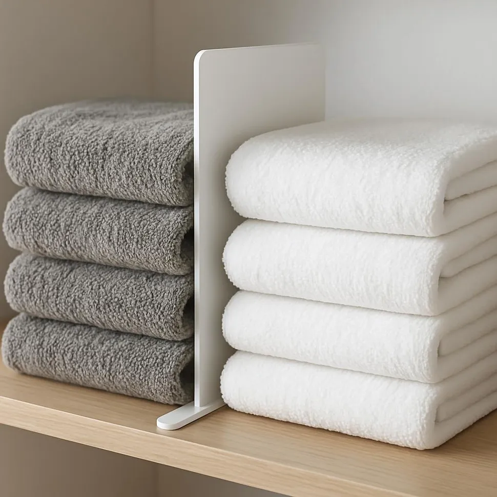 Shelf dividers keeping stacks of towels upright
