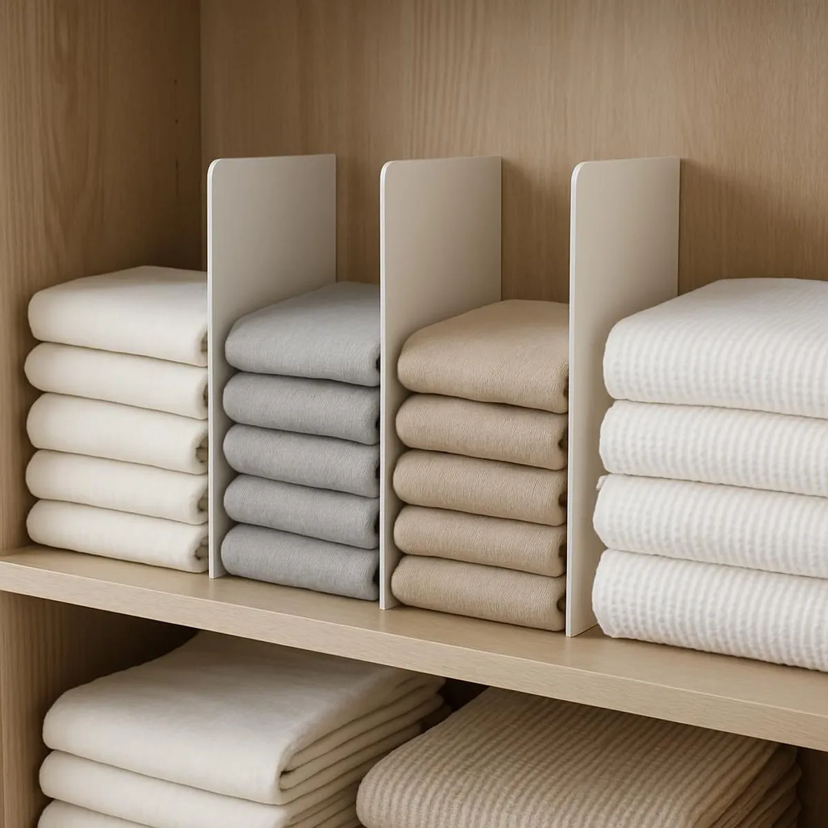Shelf dividers maintaining tidy stacks of linens