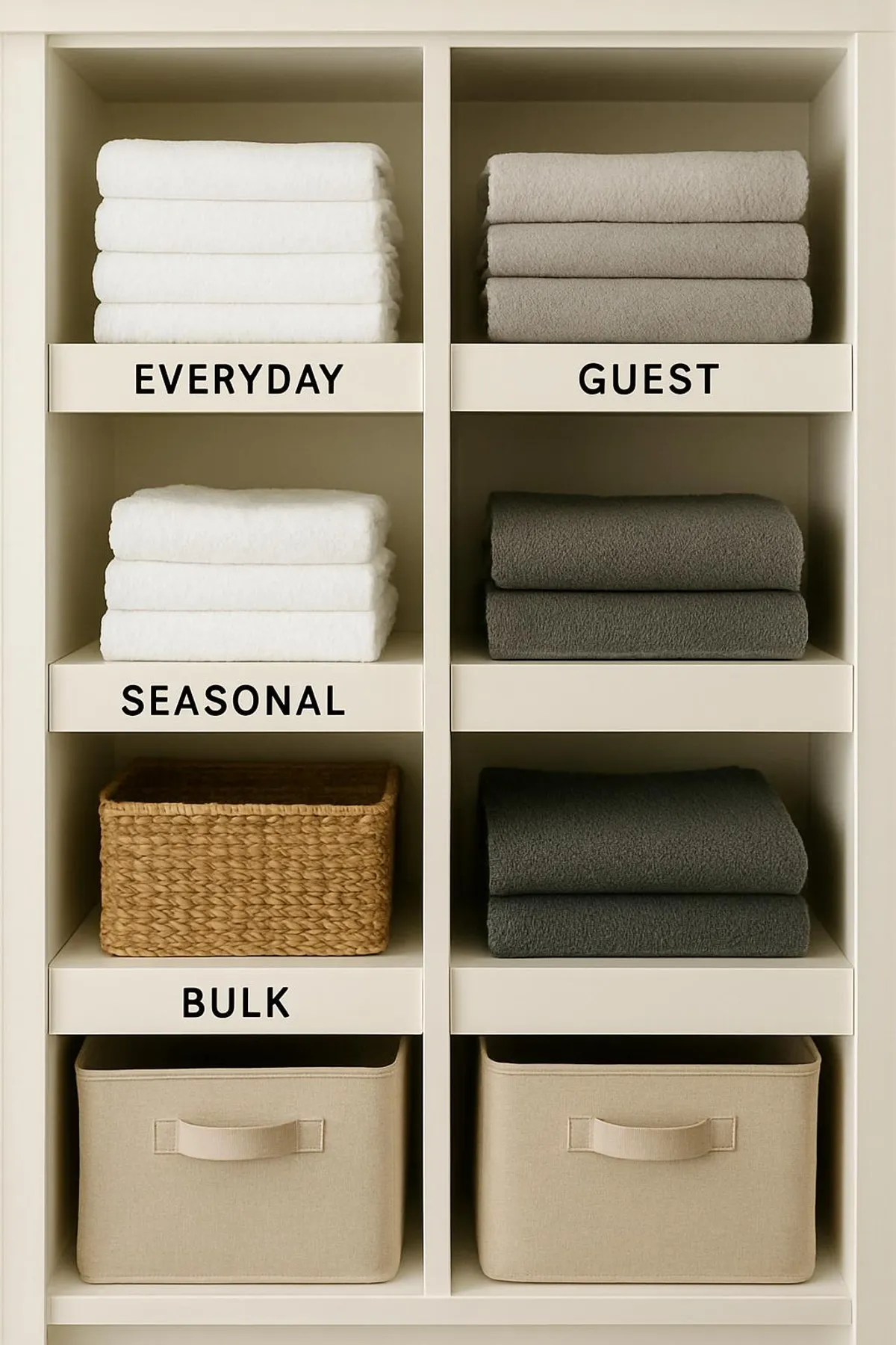 Shelves labeled and zoned: everyday, guest, seasonal, bulk