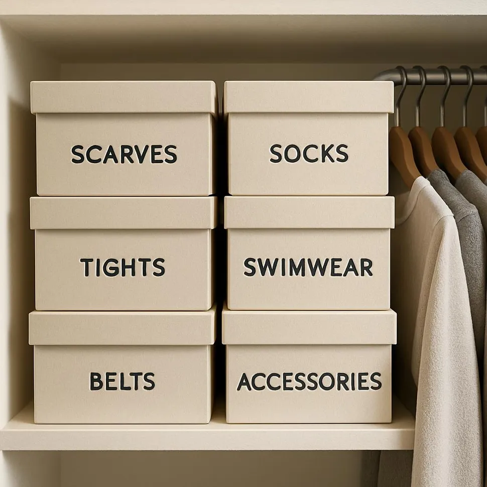 Shoe boxes turned into labeled closet organizers