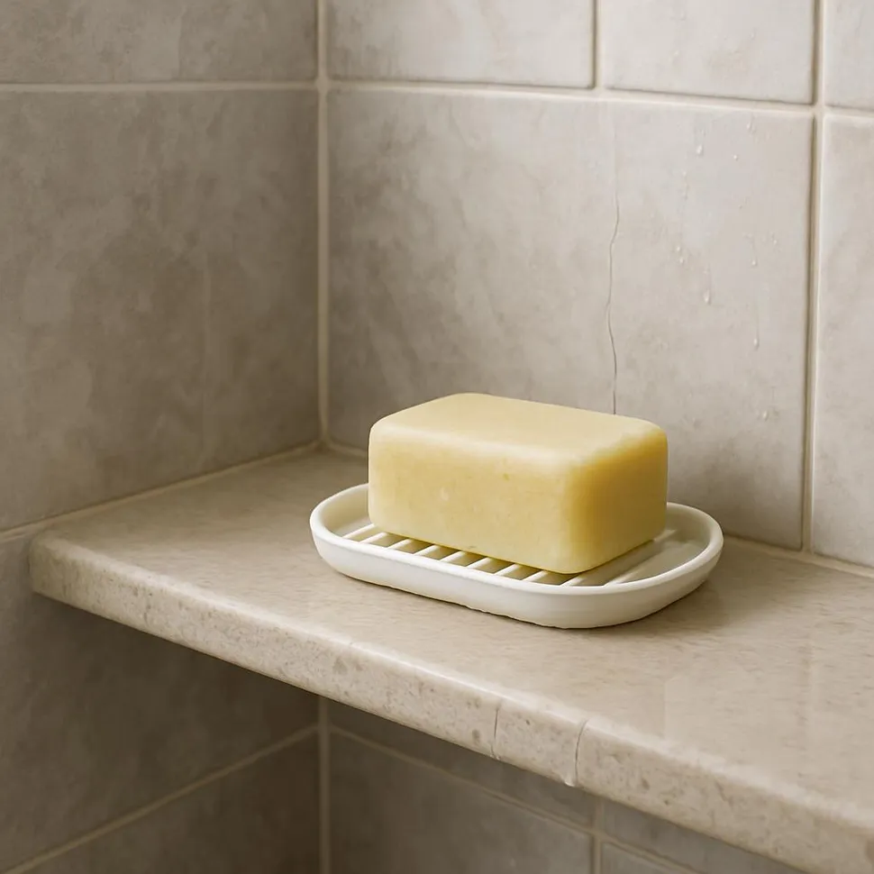 Shower shelf with shampoo bar on a draining dish