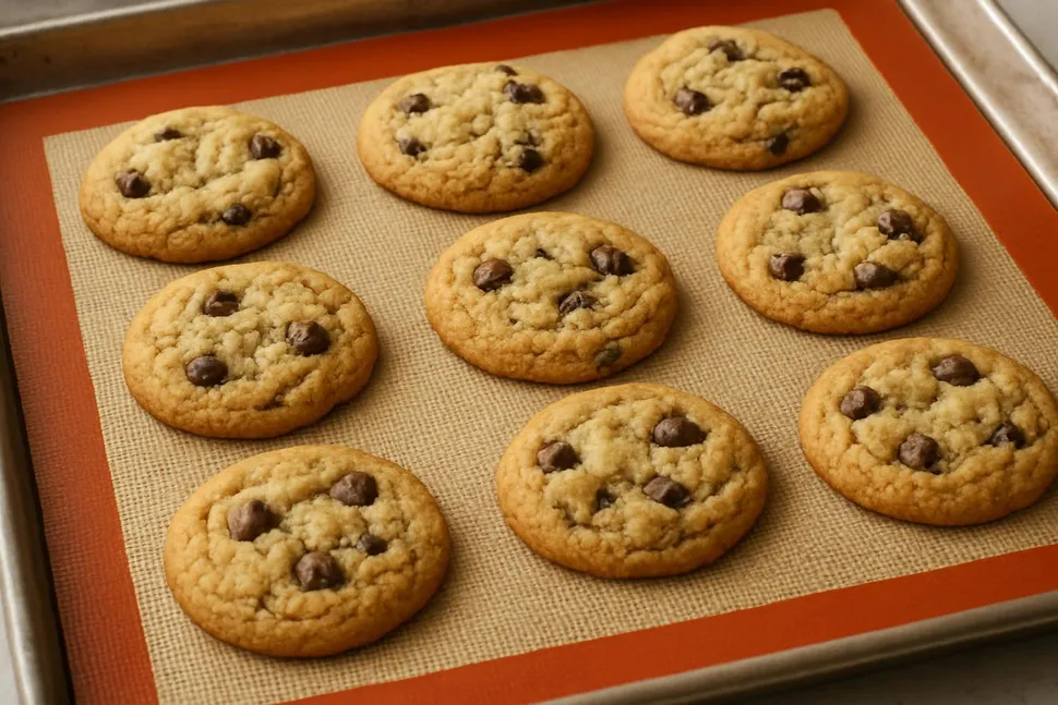 Silicone baking mat with cookies fresh from the oven