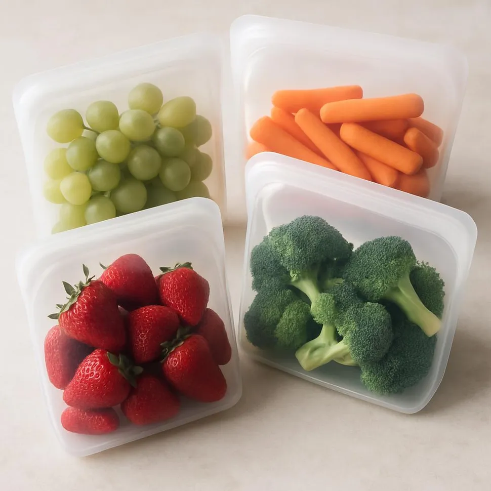 Silicone food storage bags containing fruits and veggies