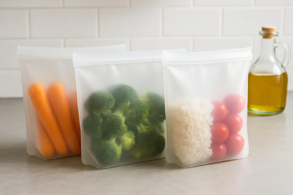 Silicone food storage bags standing on a counter