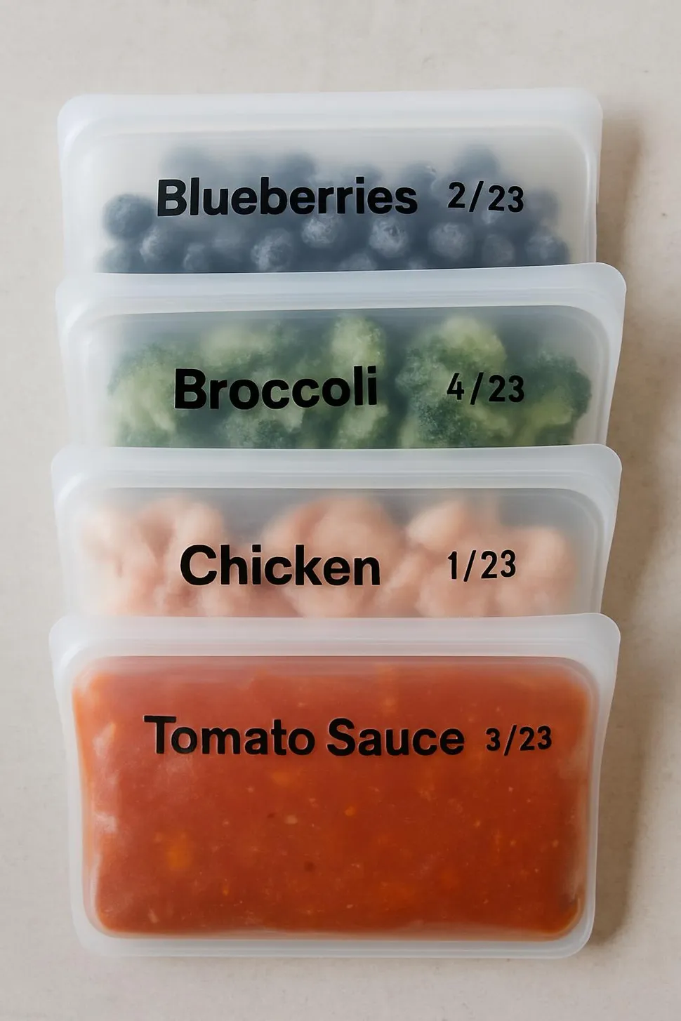 Silicone reusable freezer bags labeled and stacked