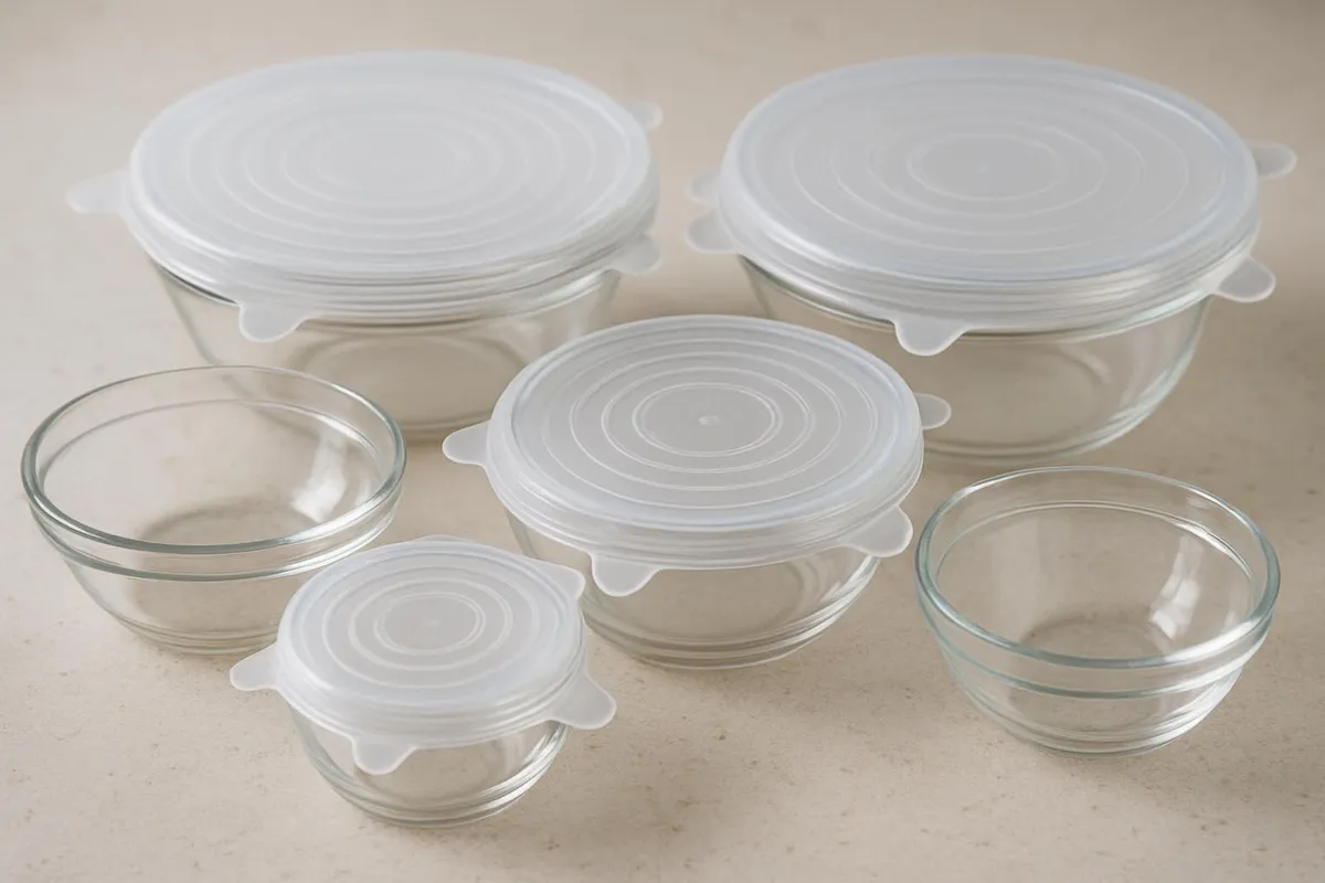 Silicone stretch lids and glass bowls on a counter