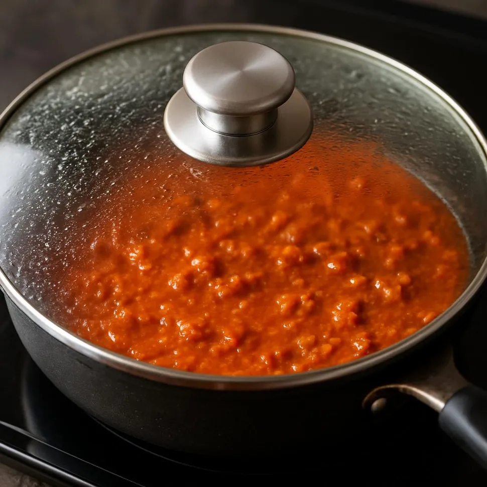 Simmering sauce in a pan with glass lid
