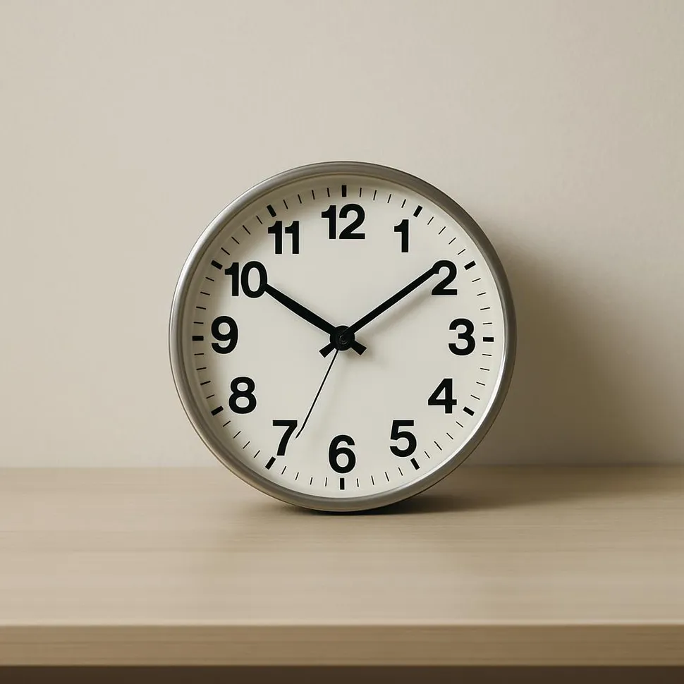 Simple analog clock with bold numbers on a minimalist desk