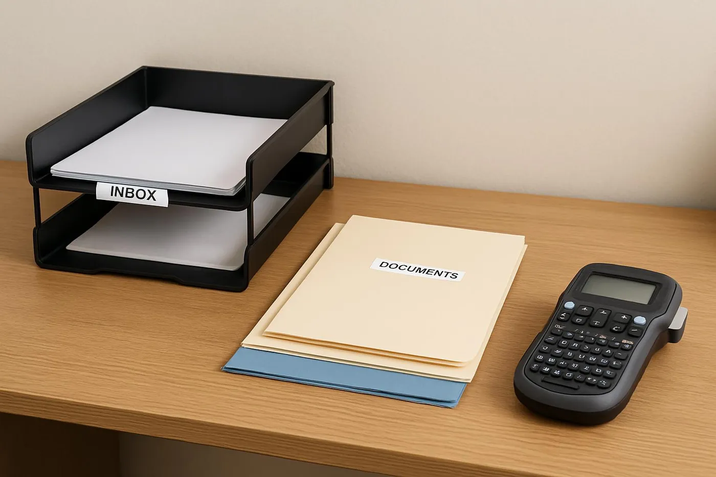 Simple desk setup with an inbox tray, folders, and a label maker.