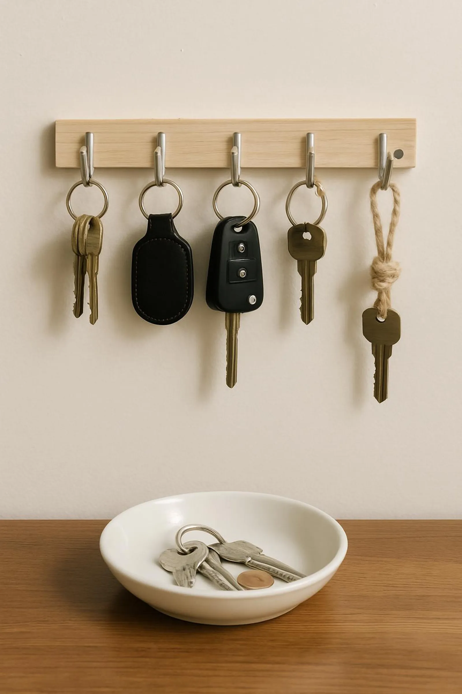 Simple DIY key hooks and a small reused dish as a catchall