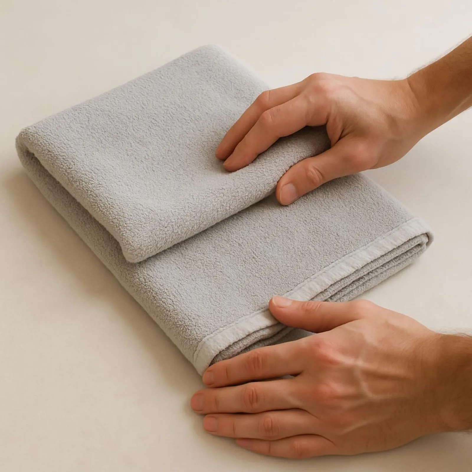Simple folded towel technique being demonstrated on a clean surface