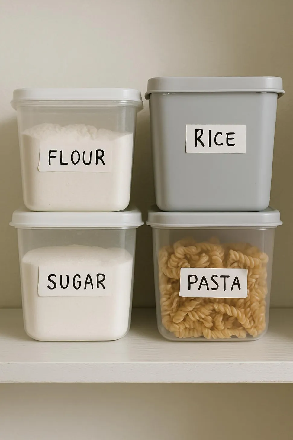 Simple handwritten labels on storage containers