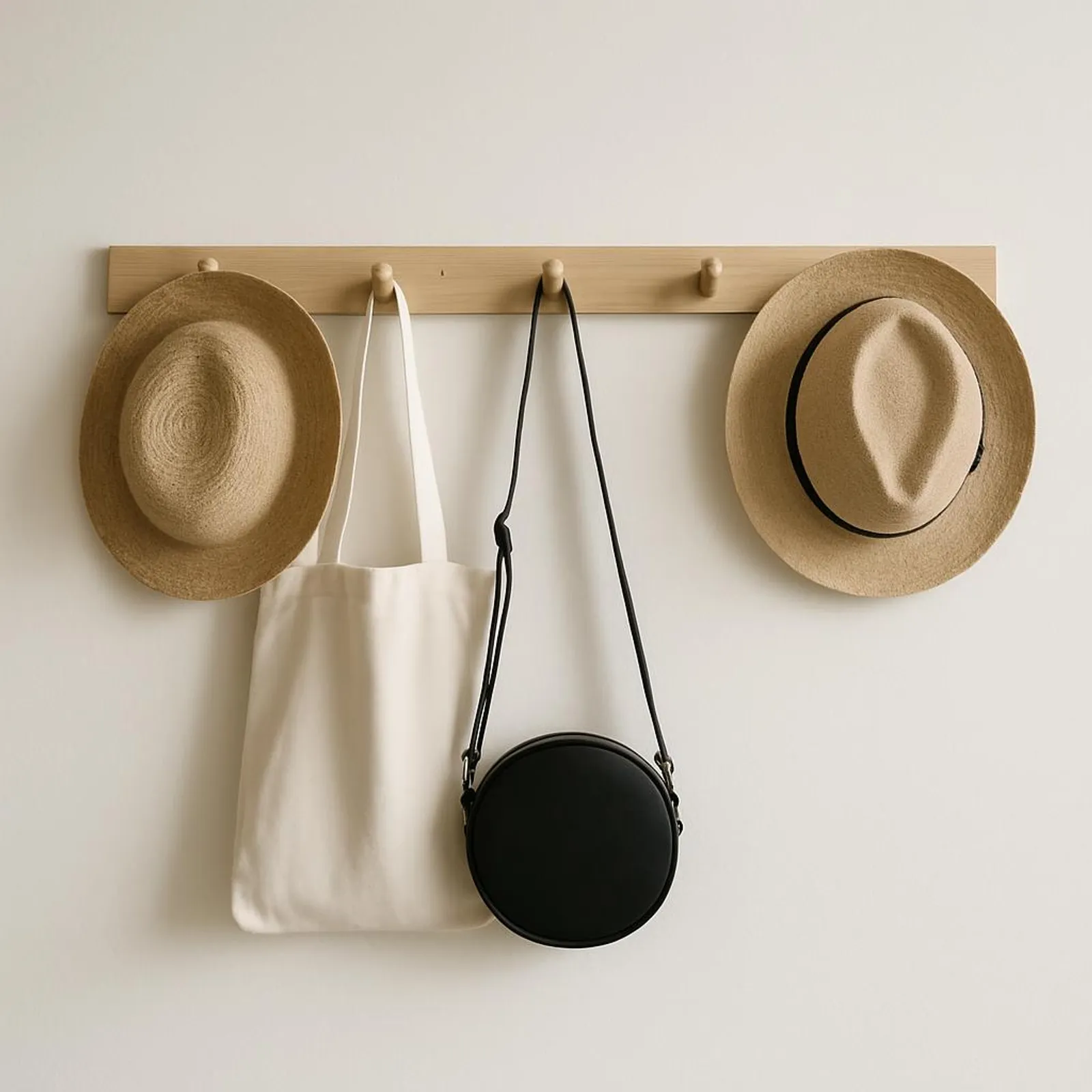 Simple peg rail with a few carefully chosen bags and hats, demonstrating minimalism