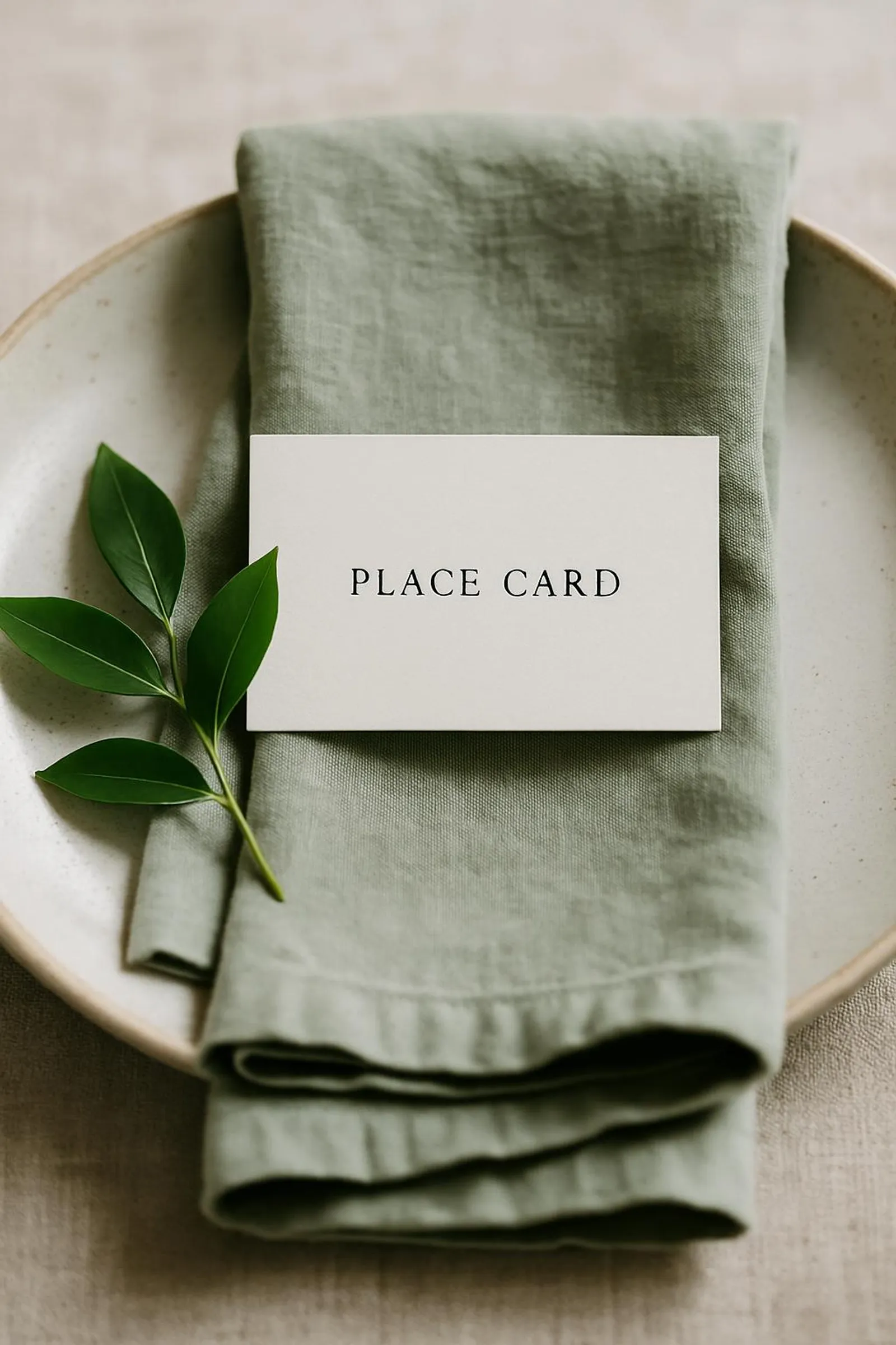 Simple place card on a ceramic plate with greenery and linen napkin
