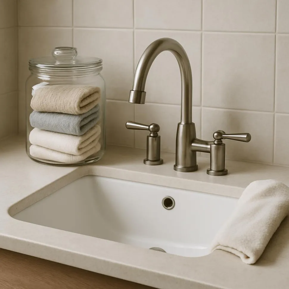 Simple sink setup with cloths folded in a jar