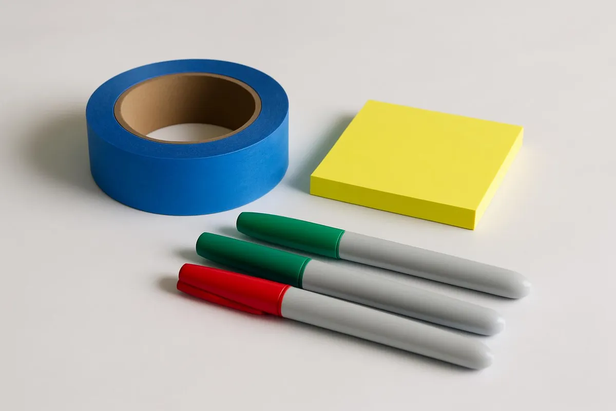 Simple supplies: painter's tape, sticky notes, and markers on a clean desk