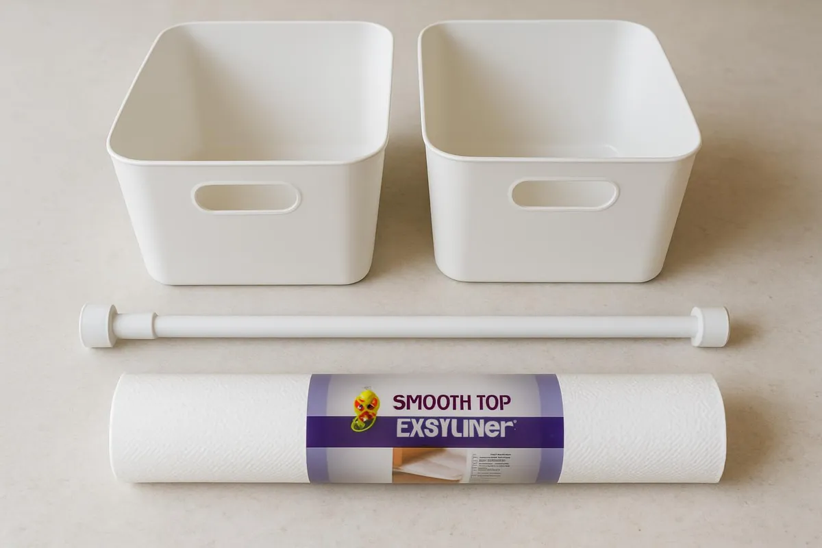 Simple under-sink supplies: bins, tension rod, and liner laid out on a counter