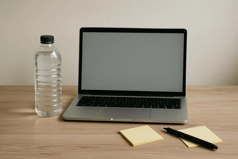 Simple workspace with water bottle and notes