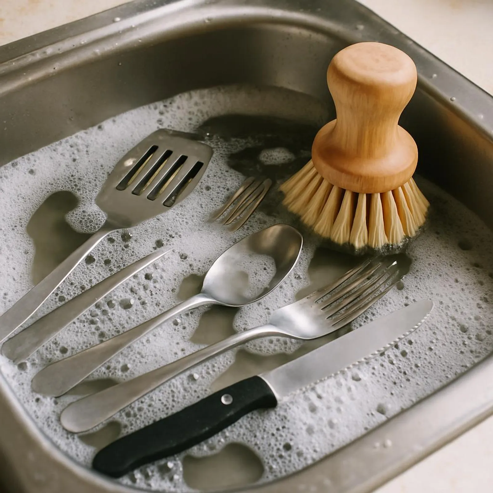 Sink filled with soaking utensils and a wooden brush ready for eco-friendly dishwashing