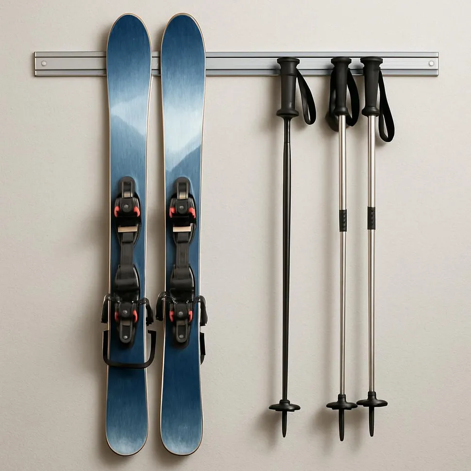 Ski and stick gear organized on a wall rail system