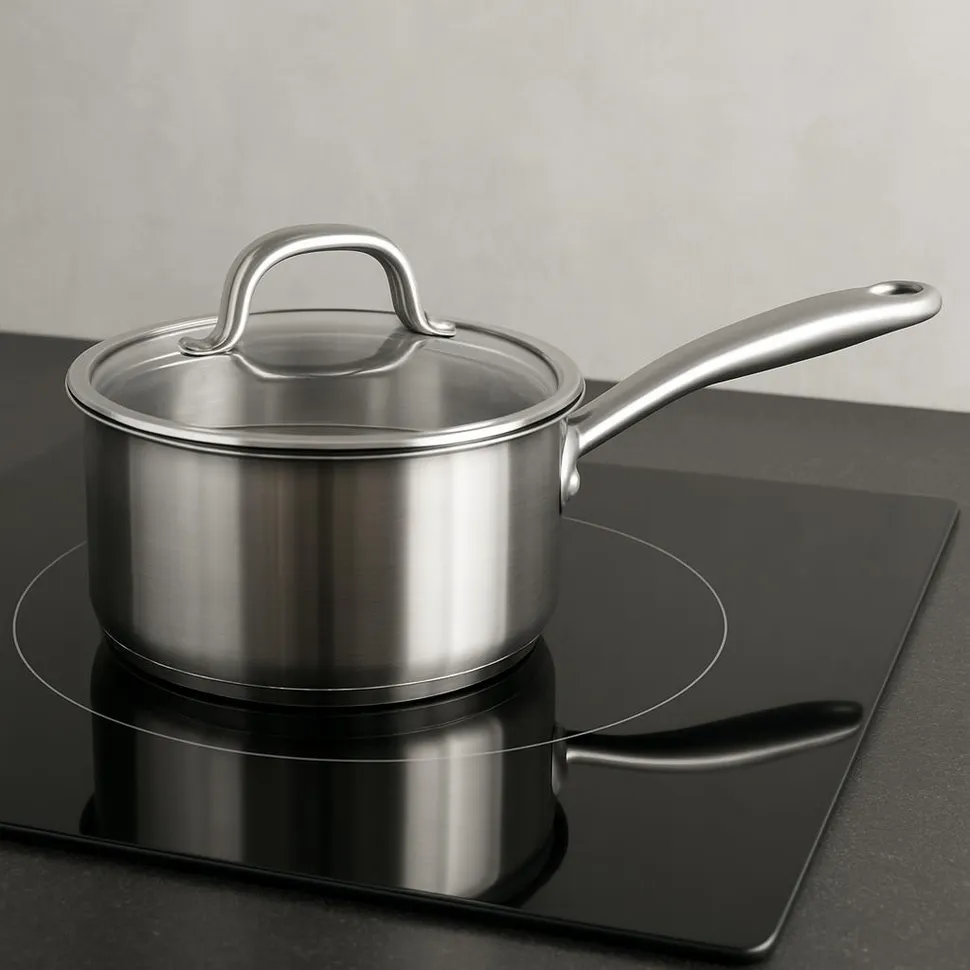Sleek black induction surface with stainless pot
